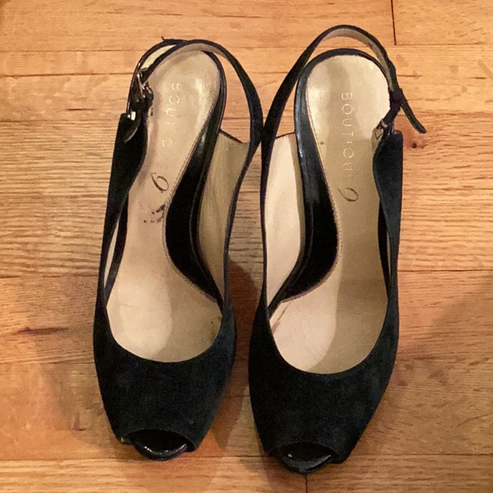 Boutique 9 Peep toe sling back pump black suede size 7. Leather upper and sole.